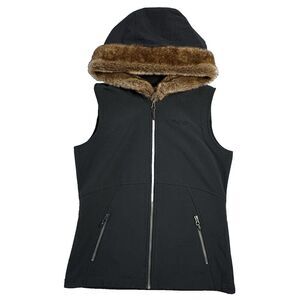 Marmot Vest Women's Medium Black Faux Fur Hood Full Zip Gilet Gorpcore Outdoor